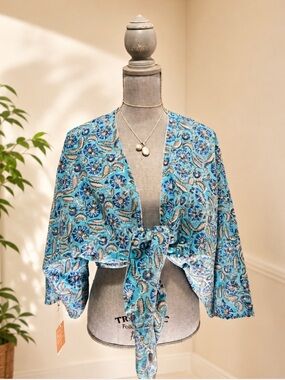 Blue Multicoloured Handblock Tie-Front Top